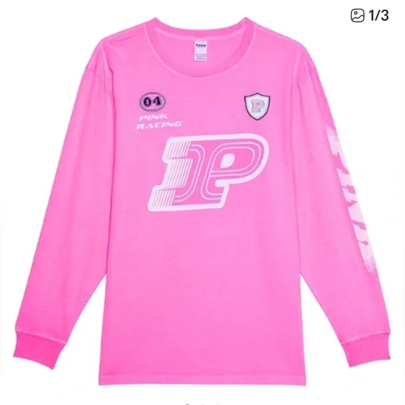 Victoria's Secret Pink Cotton Long Sleeve Crew Neck Racing 100% Cotton Sz L NWT - Picture 1 of 10